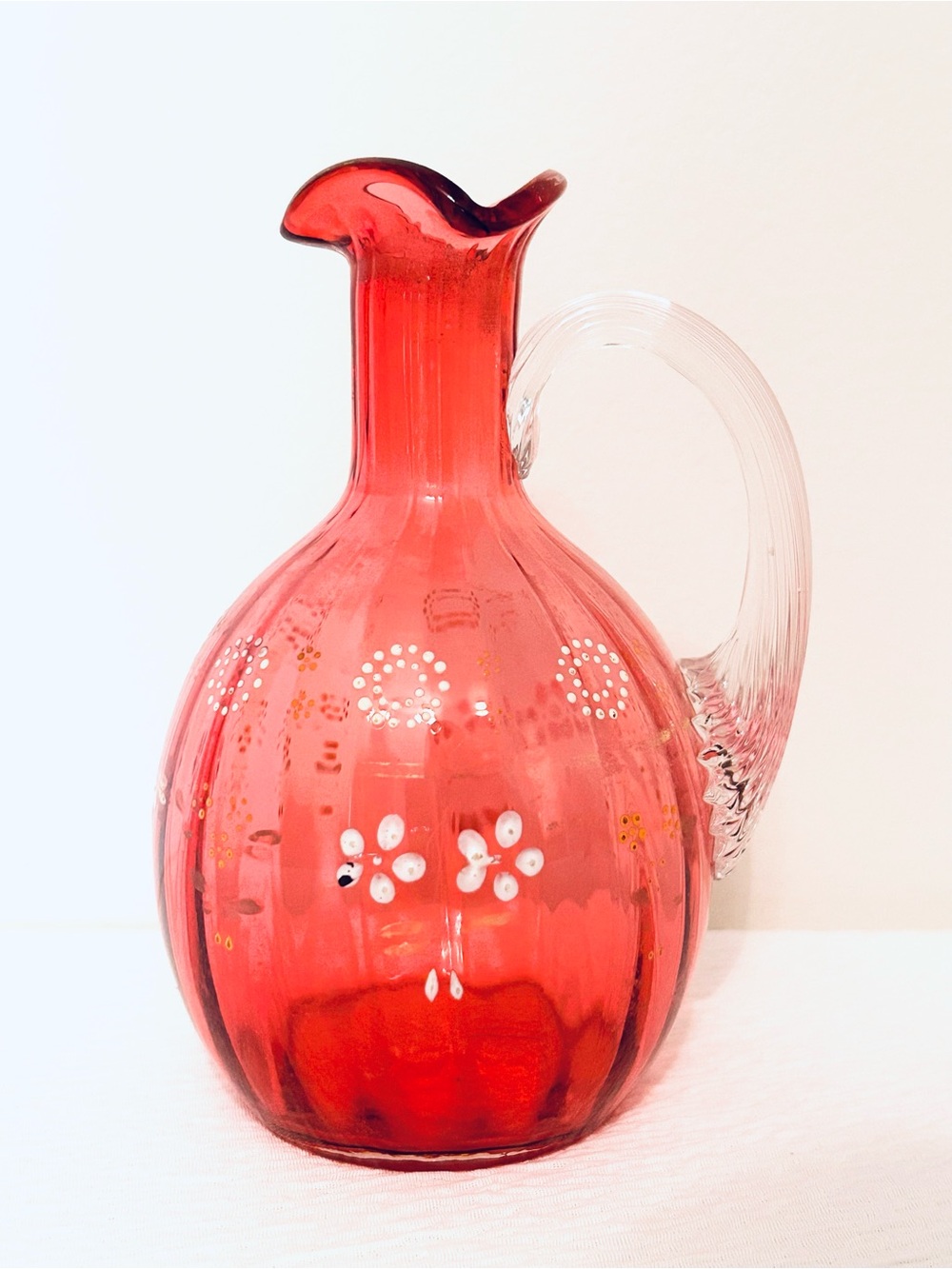 Edwardian Handblown Cranberry Glass Decanter w/ White Enamel Daisies